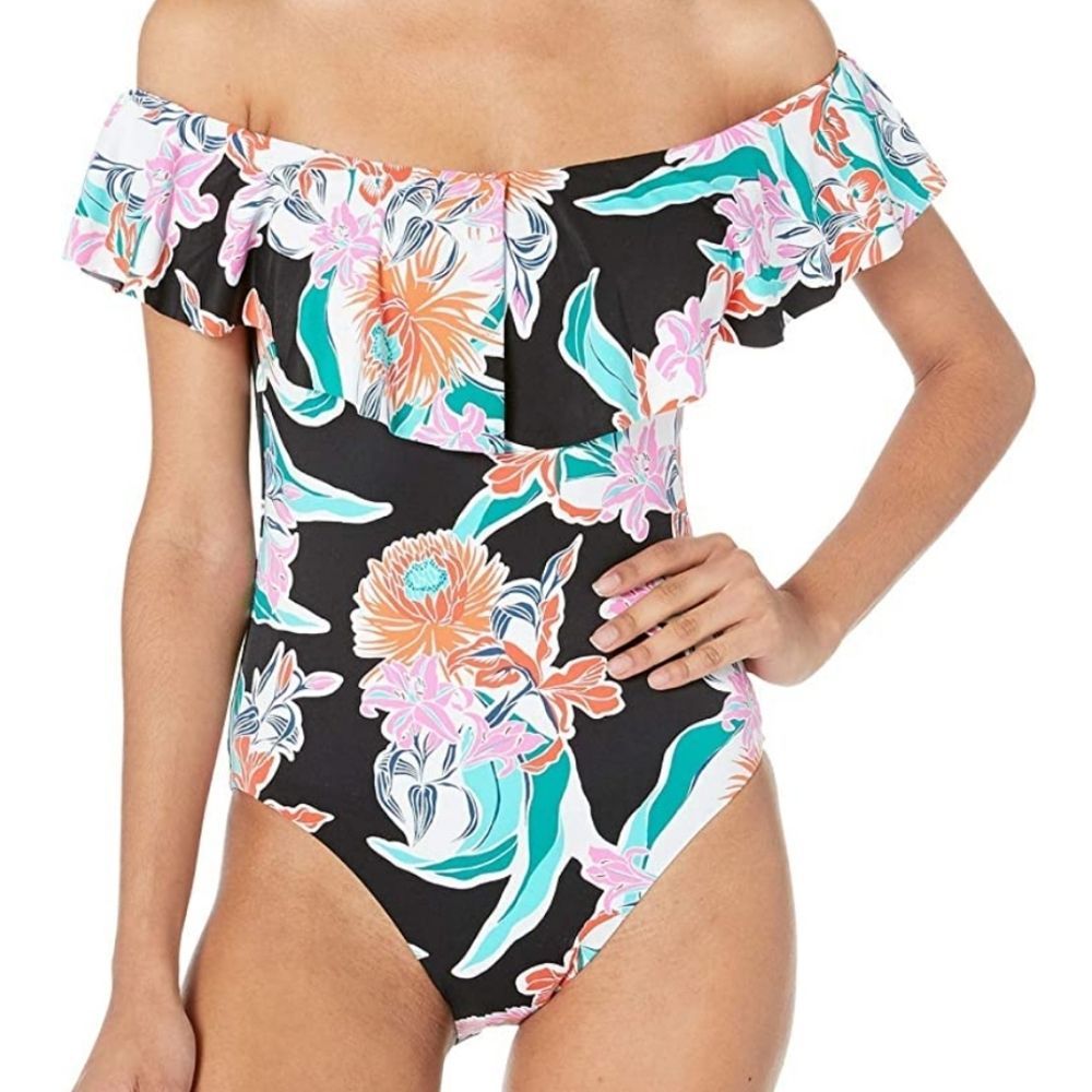 Trina Turk Black Floral Off-Shoulder One-Piece Swimsuit